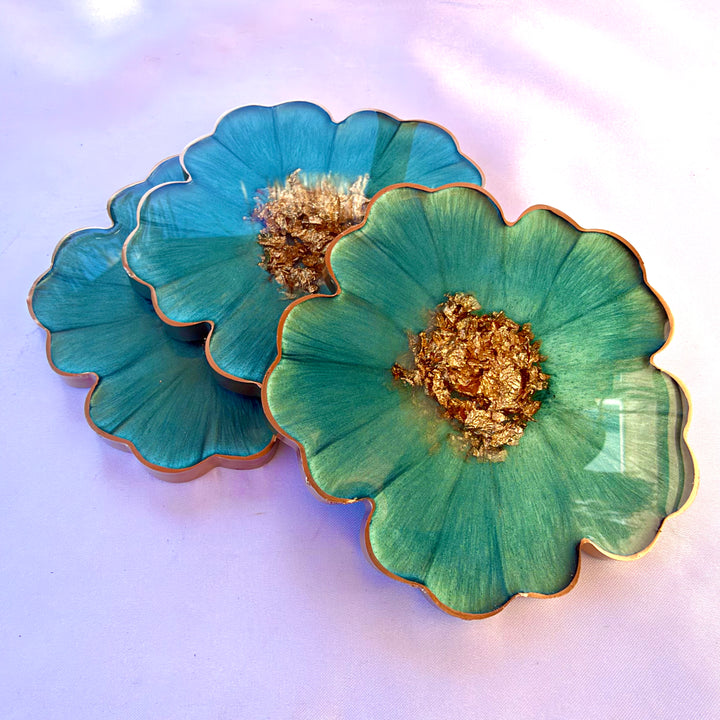 Mermaid Aquamarine Green and Gold Flower Shaped Coasters