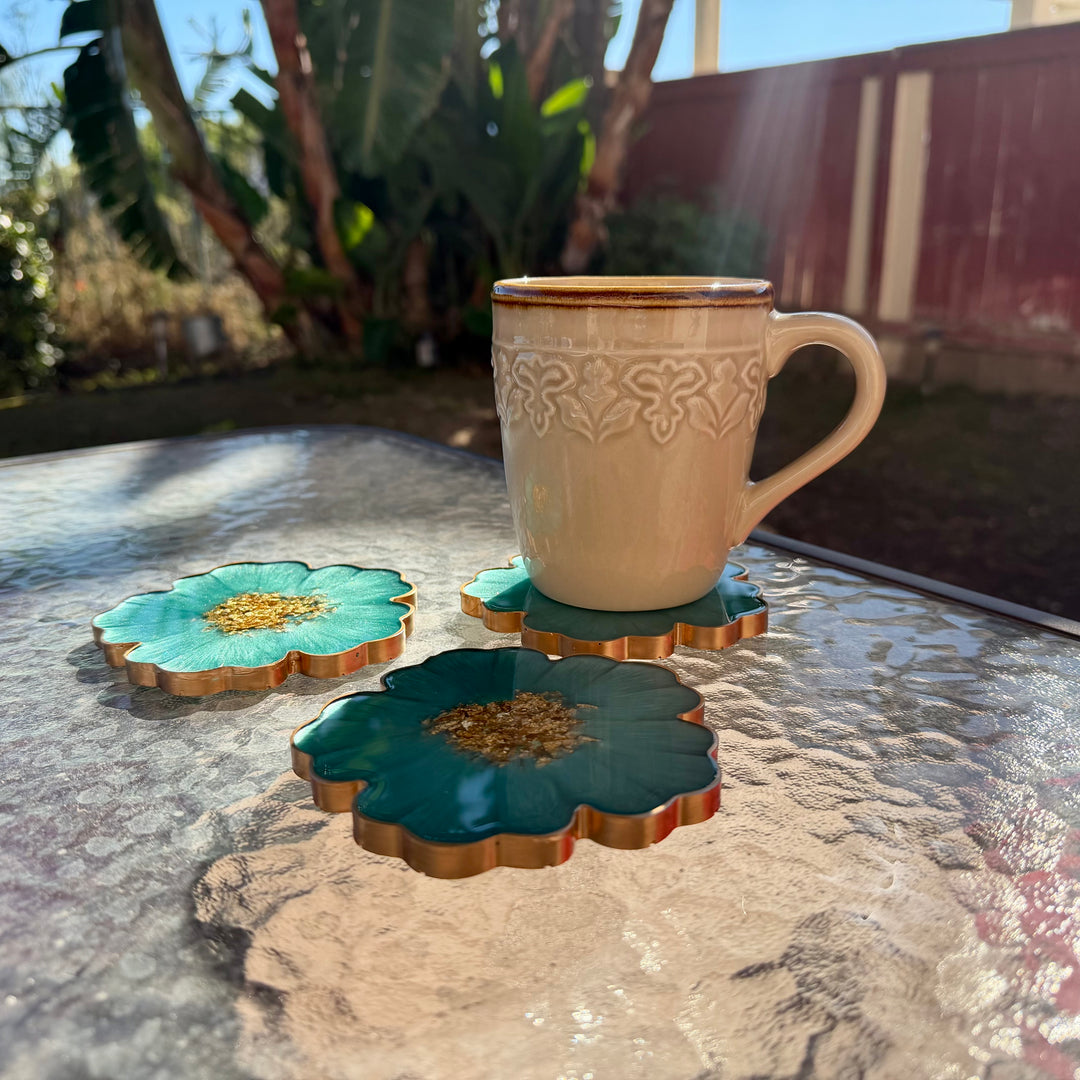 Mermaid Aquamarine Green and Gold Flower Shaped Coasters