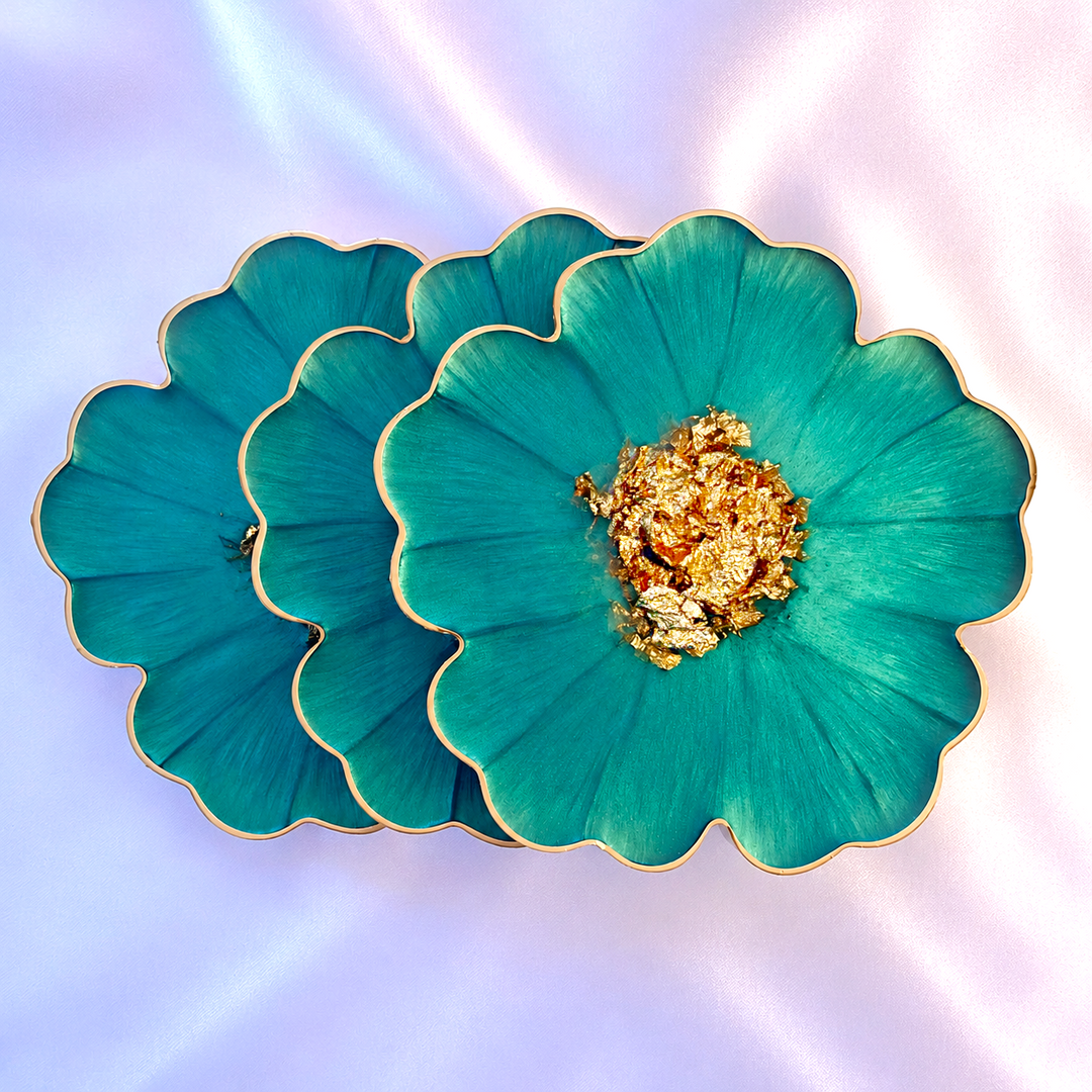 Mermaid Aquamarine Green and Gold Flower Shaped Coasters