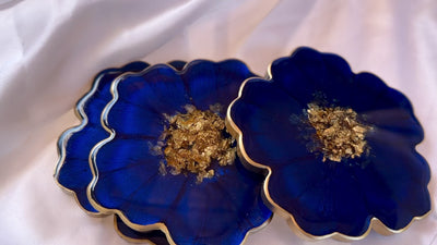 Handmade Deep Ocean Blue and Gold Resin Flower Shaped Coasters Set - Jasmin Renee Art - Three Coasters Video Gold Rim Edges