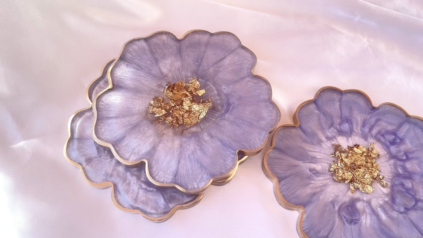 Handmade Orchid Violet Lavender Lilac Purple and Gold Resin Flower Shaped Coasters Gold Rim Edges - Jasmin Renee Art - Three Coasters Video
