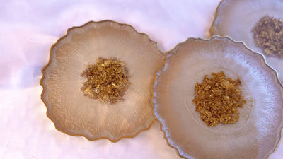 Handmade Beige Cream and Gold Irregular Shaped Large Geode Agate Resin Coasters with Gold Accented Rim Edges - Jasmin Renee Art - Three Coasters Video