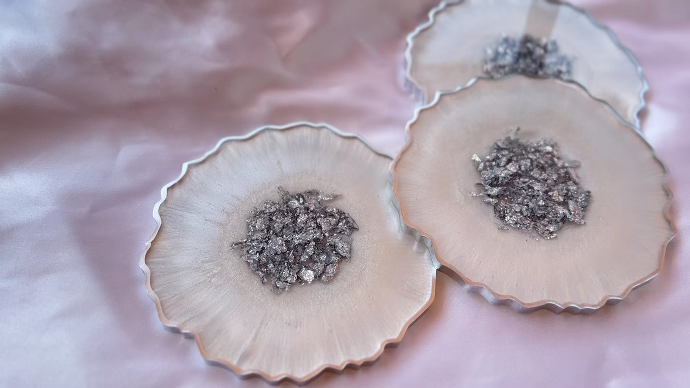Snow White & Chrome Large Resin Geode Coasters withSilver Accented Rim Edges - Jasmin Renee Art - Three Coasters Video