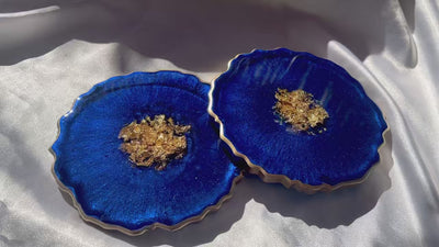 Handmade Deep Ocean Blue and Gold Resin Geode Agate Shaped Resin Coasters Set - Jasmin Renee Art - Two Coasters Video Gold Rim Edges