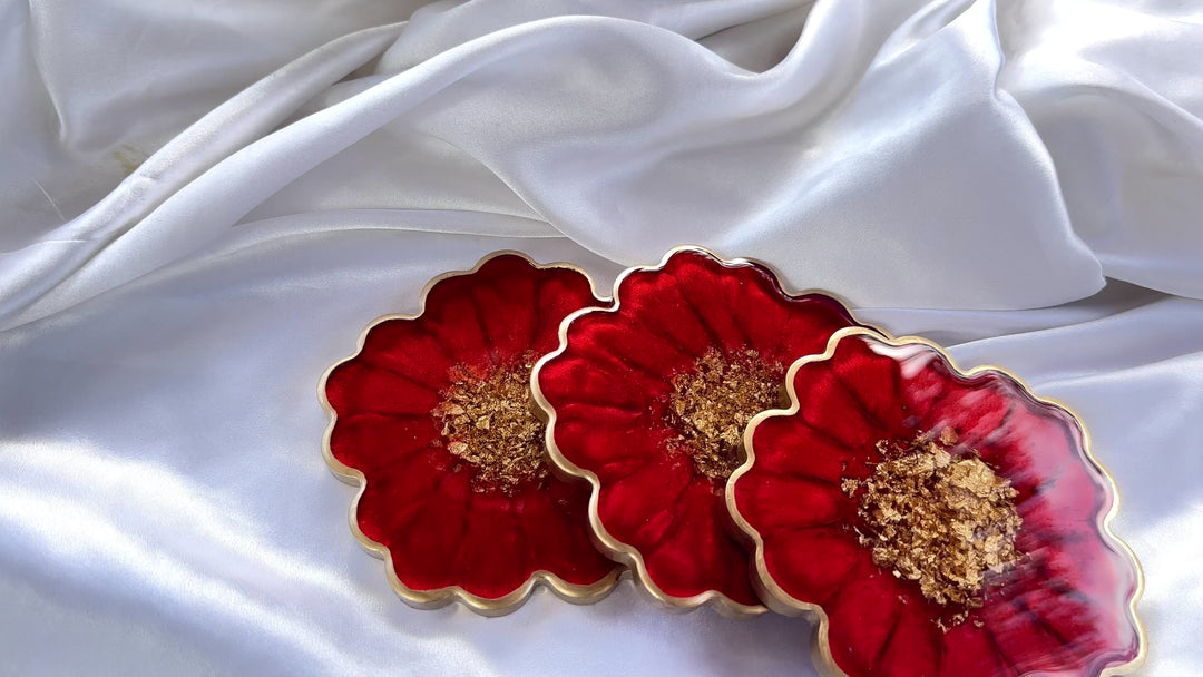 Crimson Cherry Red and Gold Leaf Accented Flower Resin Coasters Set- Jasmin Renee Art VIDEO