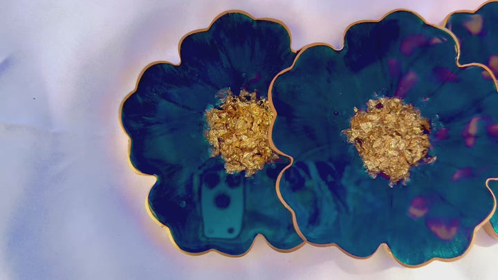 Deep Teal Jade Green and Gold Flower Coasters