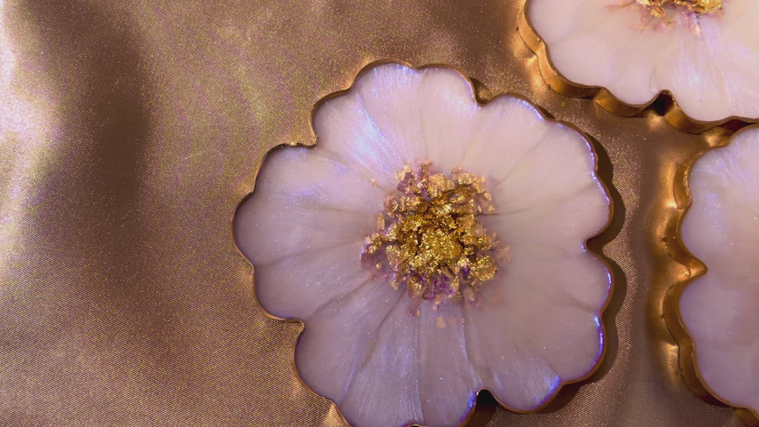 Iridescent Rainbow Moonstone Cabochon Inspired Purple Lavender Opal and Gold Flower Shaped Coasters