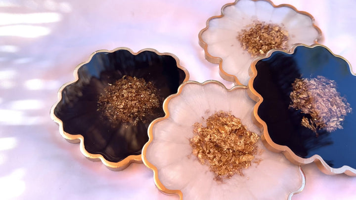 Handmade Midnight Raven Black and Pearly Snow White Gold Leaf Accented Flower Resin Coasters Set- Jasmin Renee Art