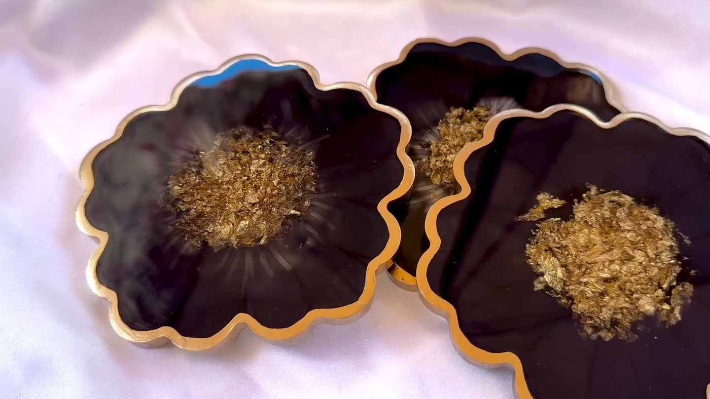 Handmade Midnight Raven Black and Gold Leaf Accented Flower Resin Coasters Set- Jasmin Renee Art Video