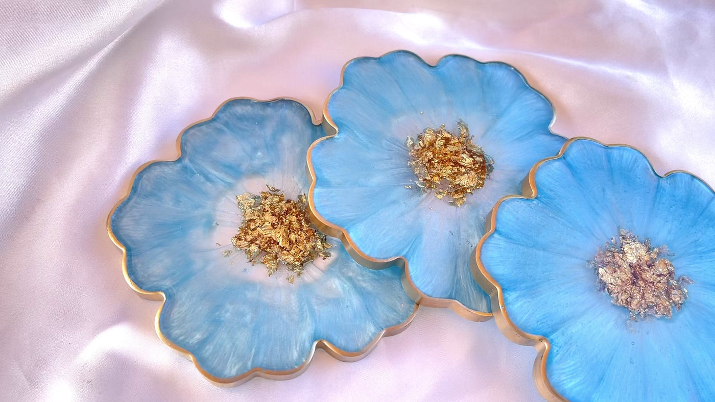 Handmade Baby Sky Blue and Gold Resin Flower Shaped Coasters Gold Rim Edges Set  Video - Jasmin Renee Art 