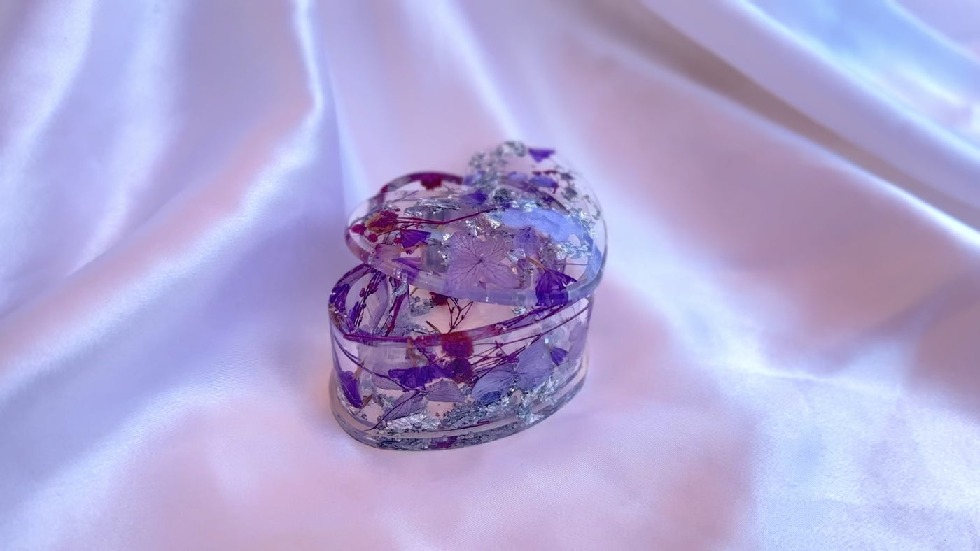 Handmade Purple Lavender and Silver Floral Resin Heart Trinket Box - Jasmin Renee Art Video