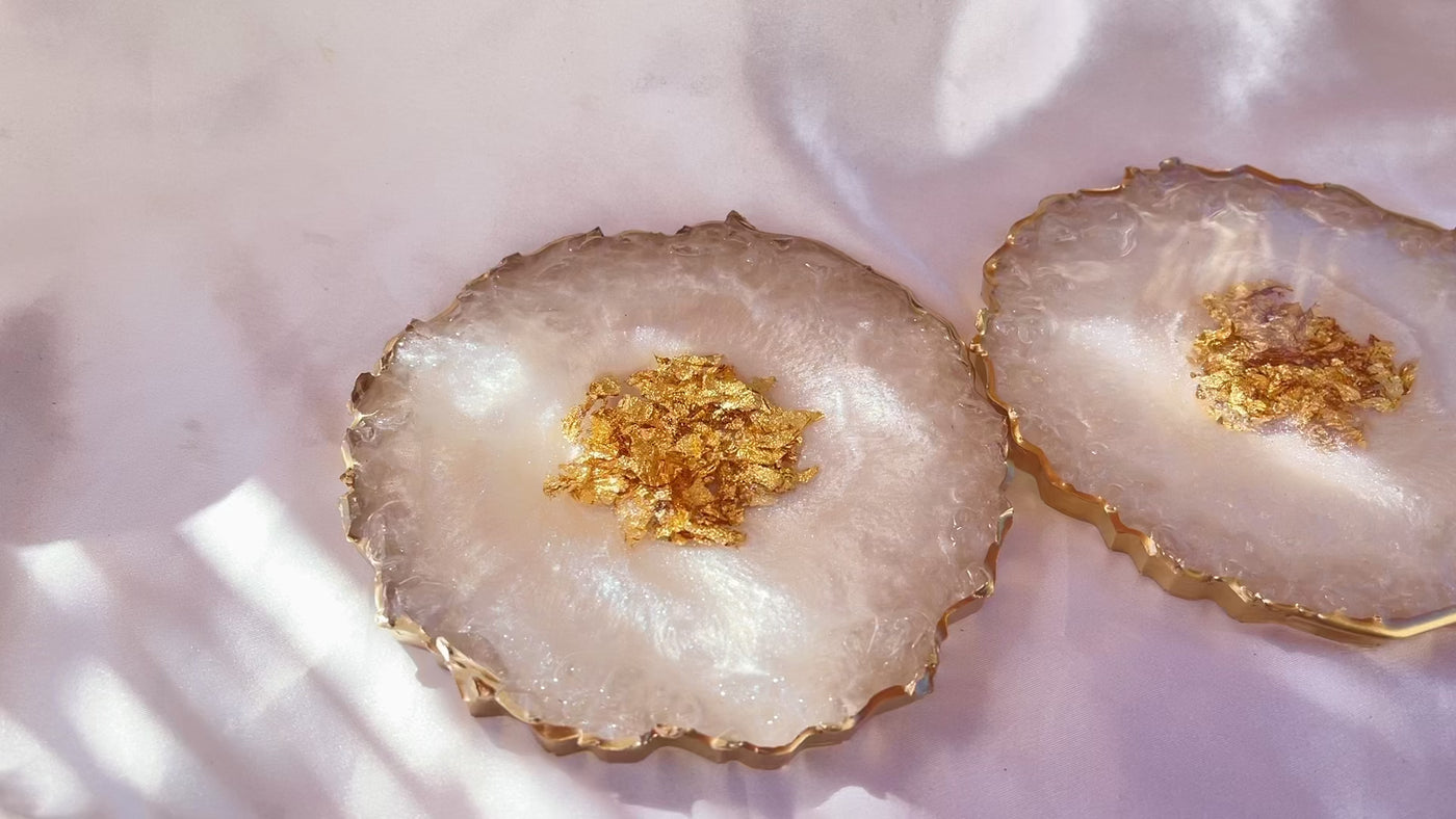 Handmade Pearlescent White and Gold Crushed Glass Elegant Large Resin Geode Coasters with Gold Accented Rim Edges - Jasmin Renee Art - Two Coasters Video