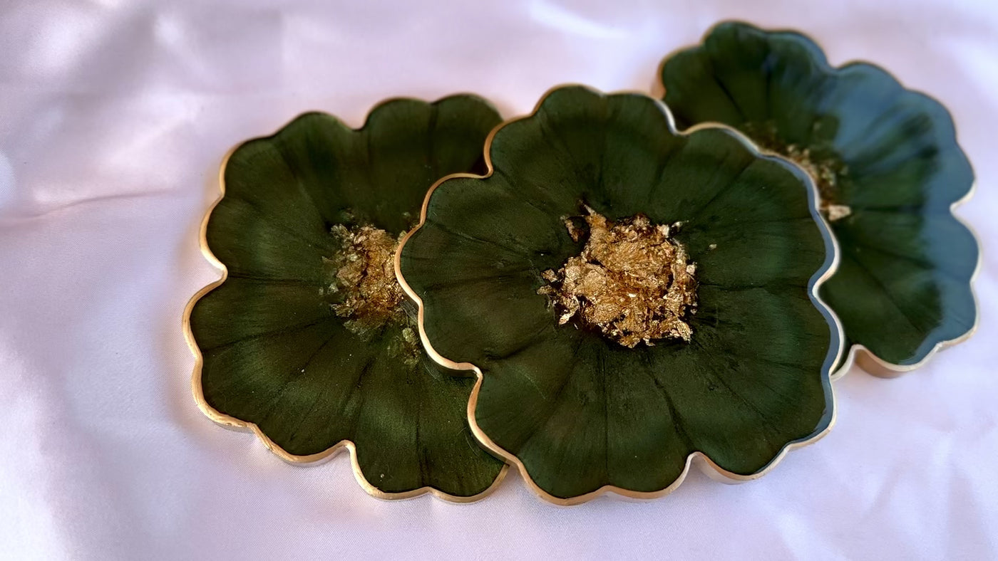 Handmade Forest Olive Green and Gold Resin Flower Shaped Coasters Set - Jasmin Renee Art - Three Coasters Video Gold Rim Edges