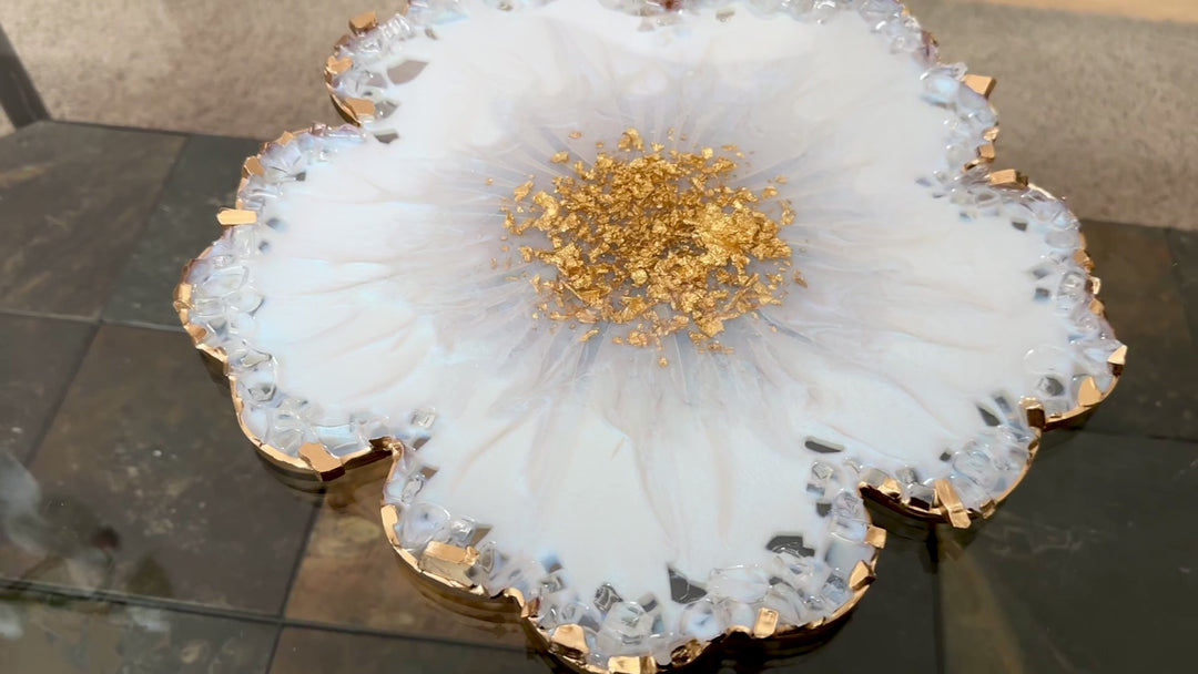 Iridescent White Opal Crushed Glass Flower Tray
