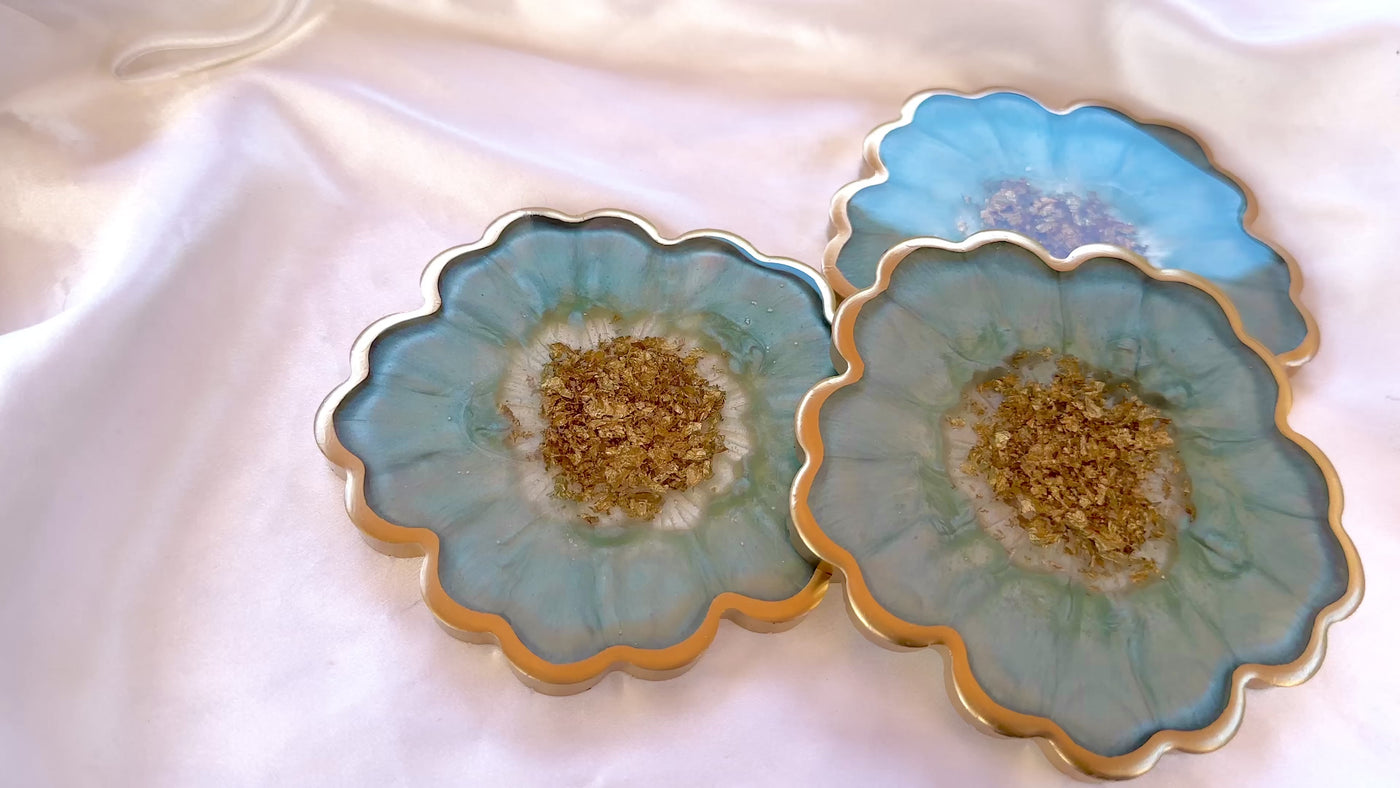 Handmade Sage Mint Green and Gold Flower Shaped Coasters - Jasmin Renee Art - Three Coasters Video