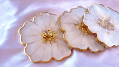Handmade White Beige Cream and Gold Flower Shaped Coasters  with Gold Accented Rim Edges- Jasmin Renee Art - Three Coasters Video